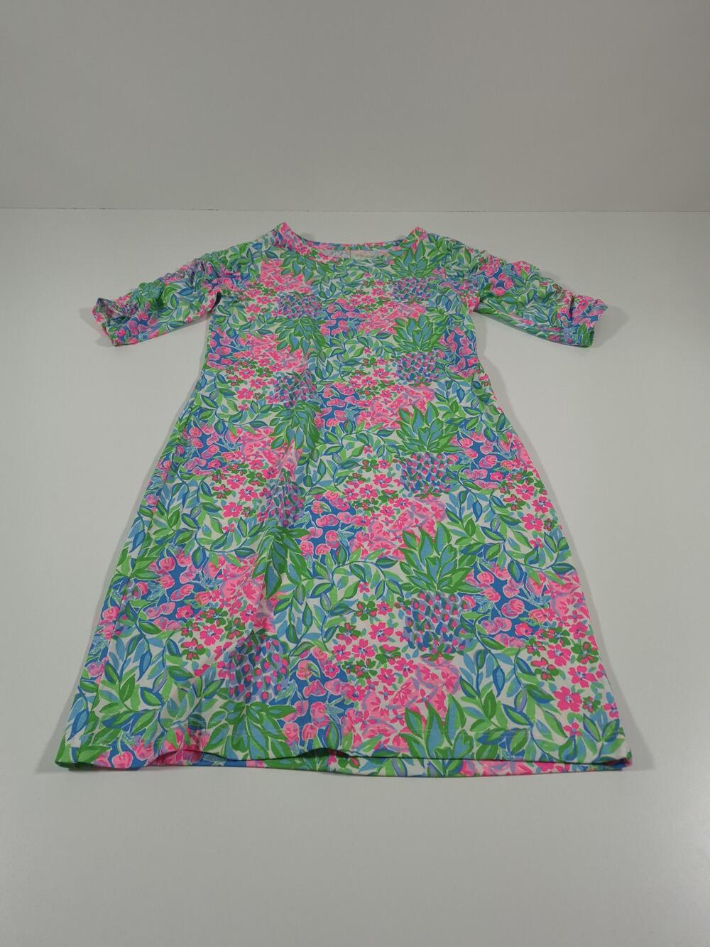 Lilly Pulitzer Shift T Shirt Dress Womens S Pink Green Floral 3/4 Sleeve